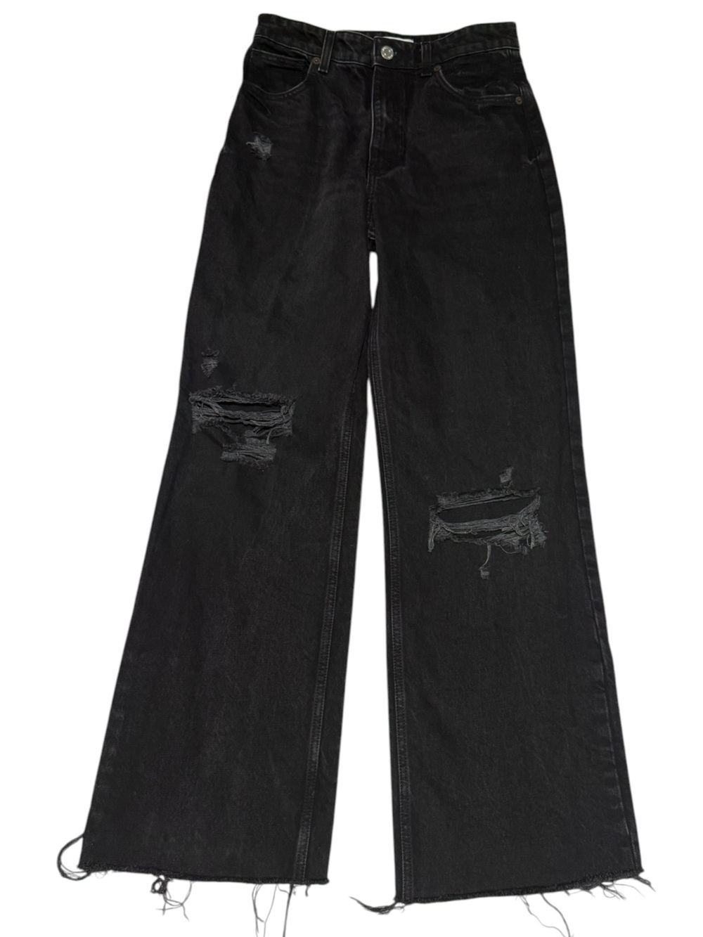 Zara Black Wide Leg High Rise Distressed Jeans size 6 raw hem